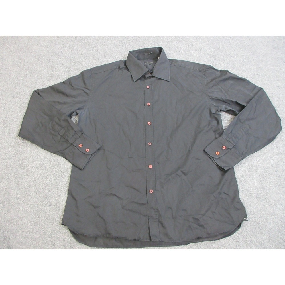 Ted Baker Shirt Mens 3XL Black 100% Cotton Long Sleeve Button Front Dress‎